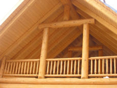 Log railings and roof details.